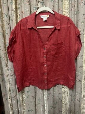C&C California 100% Linen Button Up Top Red Boxy Camp Shirt L